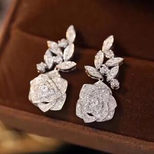 Rose Silver Crystal Diamond Earrings – Floral Statement Jewelry